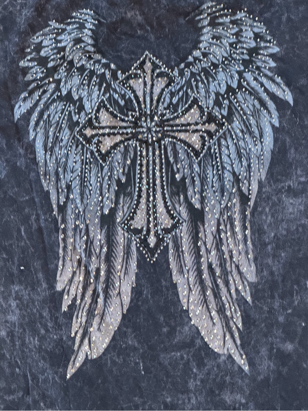 Voice of California Y2K Rhinestone Cross Angel Wings Graphic Tee Gray S - Picture 7 of 9
